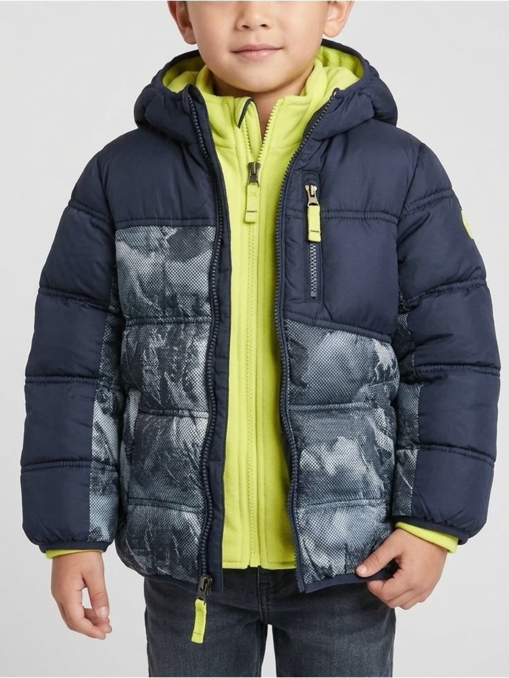 Snozu Boys Hooded Puffer Jacket Navy Gray Neon Green Fleece Lined 4T